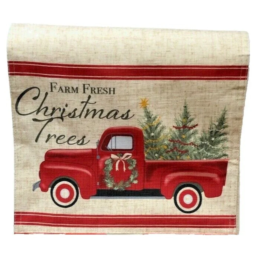 Christmas Trees Red Farm Truck Table Runner Wreath Cabin Lodge Farm Fresh 70x13